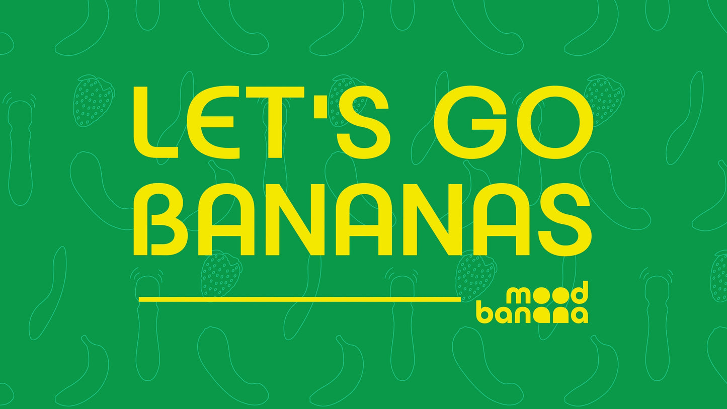 Mood Banana cover photo with a patterned green background, outlined products, yellow 'Let's Go Bananas!' tagline, and the Mood Banana logo in yellow below.